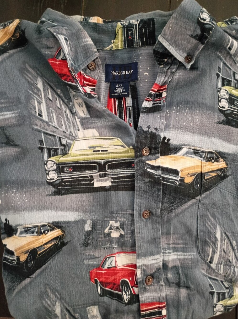 Harbor Bay Men’s Button Shirt with Car Print - Gray and Yellow